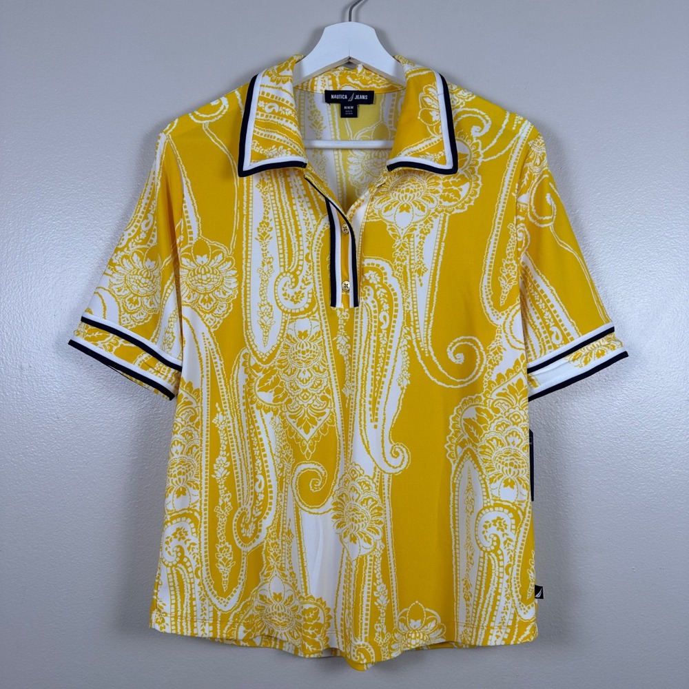 Nautica Women's Medium Polo Shirt Yellow Paisley Short Sleeve NEW